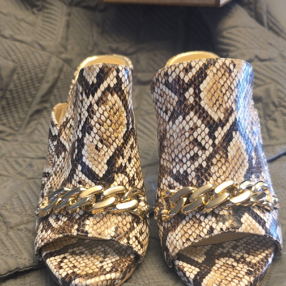 White House Black Market Snake Print Mules with Gold Chain